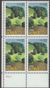1996 Iowa Statehood Plate Block of 4 32c Postage Stamps, Sc# 3088, MNH, OG