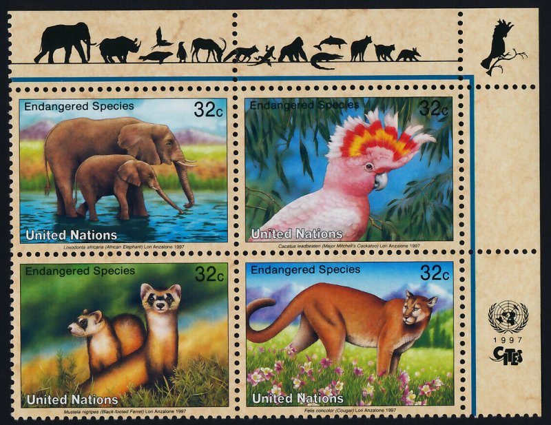 United Nations - New York 703a TR Block MNH Elephants, Cockatoo, Cougar, Ferret