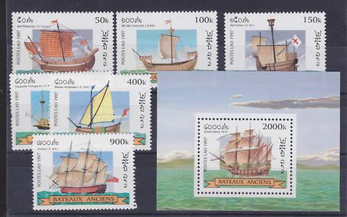 Laos Sc 1348-1354 MNH. 1997 Ships + Souv Sheet, complete set, VF