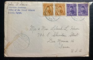 1947 Cairo Egypt American Embassy Diplomatic cover To Des Moines IA USA