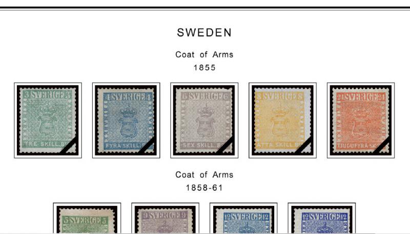 COLOR PRINTED SWEDEN [CLASS.] 1855-1946 STAMP ALBUM PAGES (31 illustrated pages)