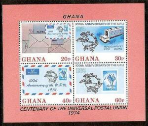 GHANA 1974 U.P.U CENTENERY, AIRMAIL LETTER, STAMP ON STAMP MNH** S/s #  7886