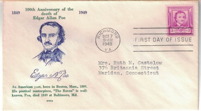 1949 FDC, #986, 3c Edgar Allan Poe, Grandy