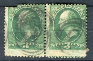 USA; 1870 classic Washington issue 3c. used pair PERF SHIFT VARIETY