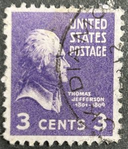 USA SC#807, 1938, 3c light violet, Thomas Jefferson, Used, F