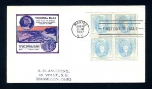 # 796 block of four First Day Cover addressed with Ioor cachet dated 8-18-1937