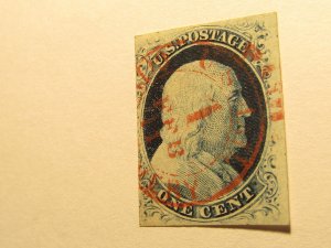 US STAMPS, Scott #9, RED NY City Deliver PAID Carrier Cancel, USED 1851, SCV$215