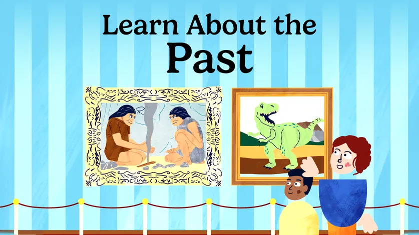 An adult and child look at two paintings on the wall, one of two prehistoric people starting a fire, the other of a dinosaur
