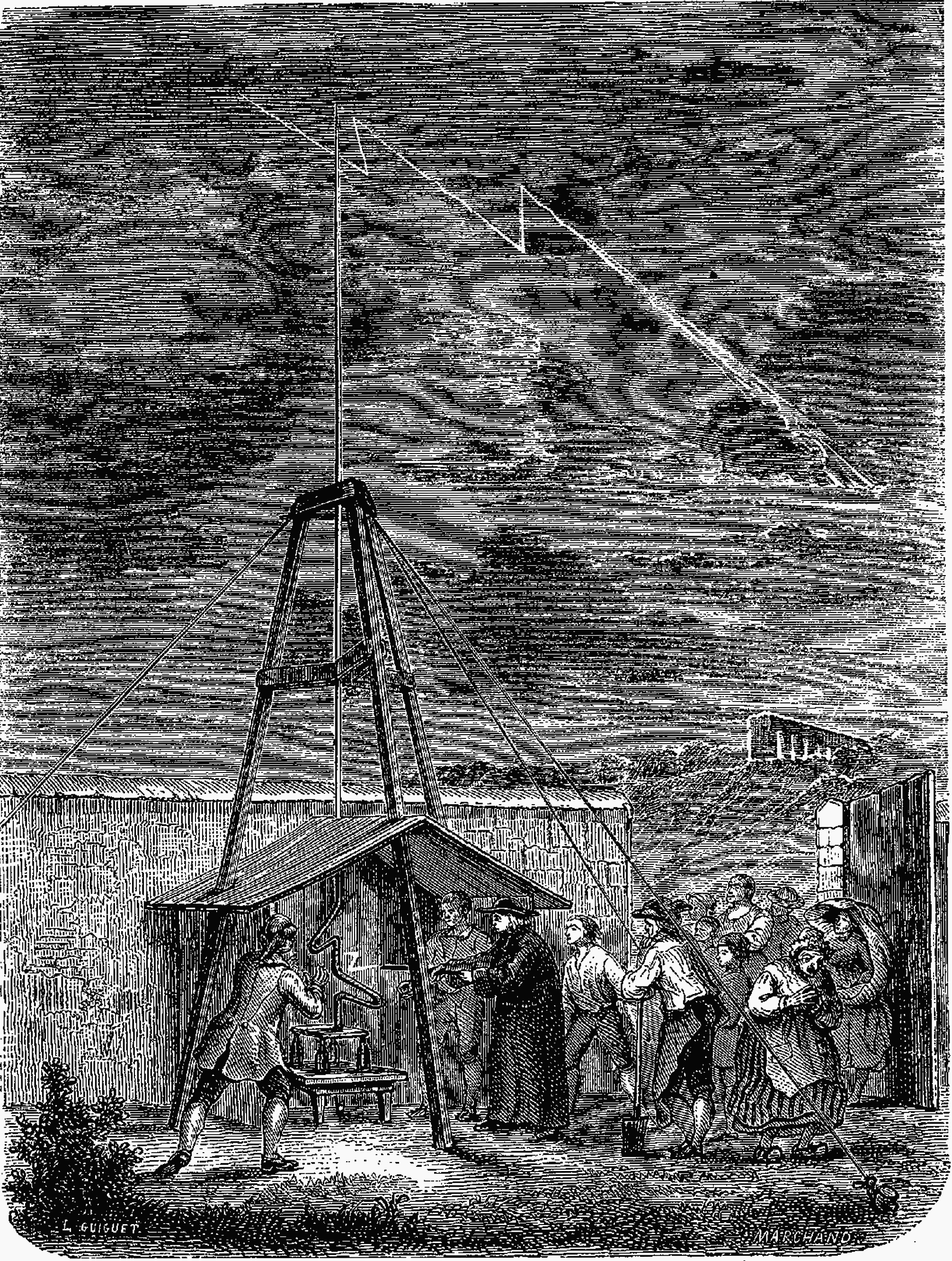 Experiment made on May 10, 1752, by Thomas-François Dalibard at Marly-la-Ville: First demonstration of the presence of electricity in storm clouds.