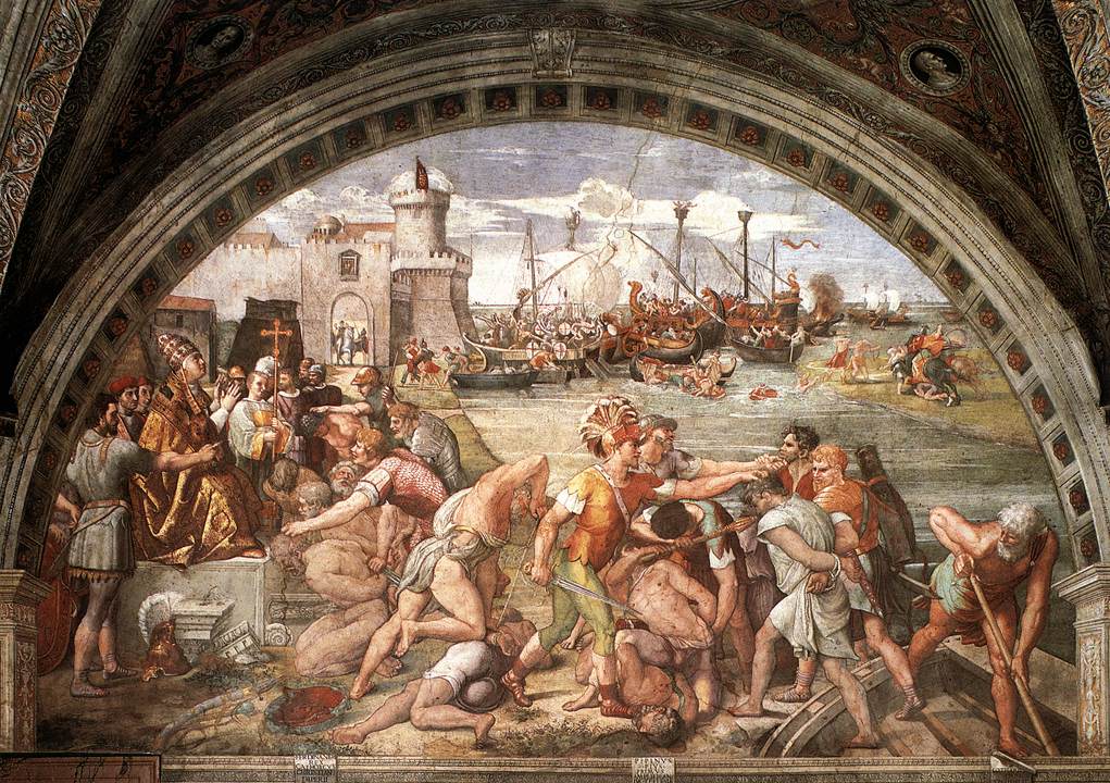 The Battle of Ostia, painted by Raphael's assistants, 1514–1515, Stanza dell'Incendio del Borgo, Raphael Rooms, Apostolic Palace, Vatican City