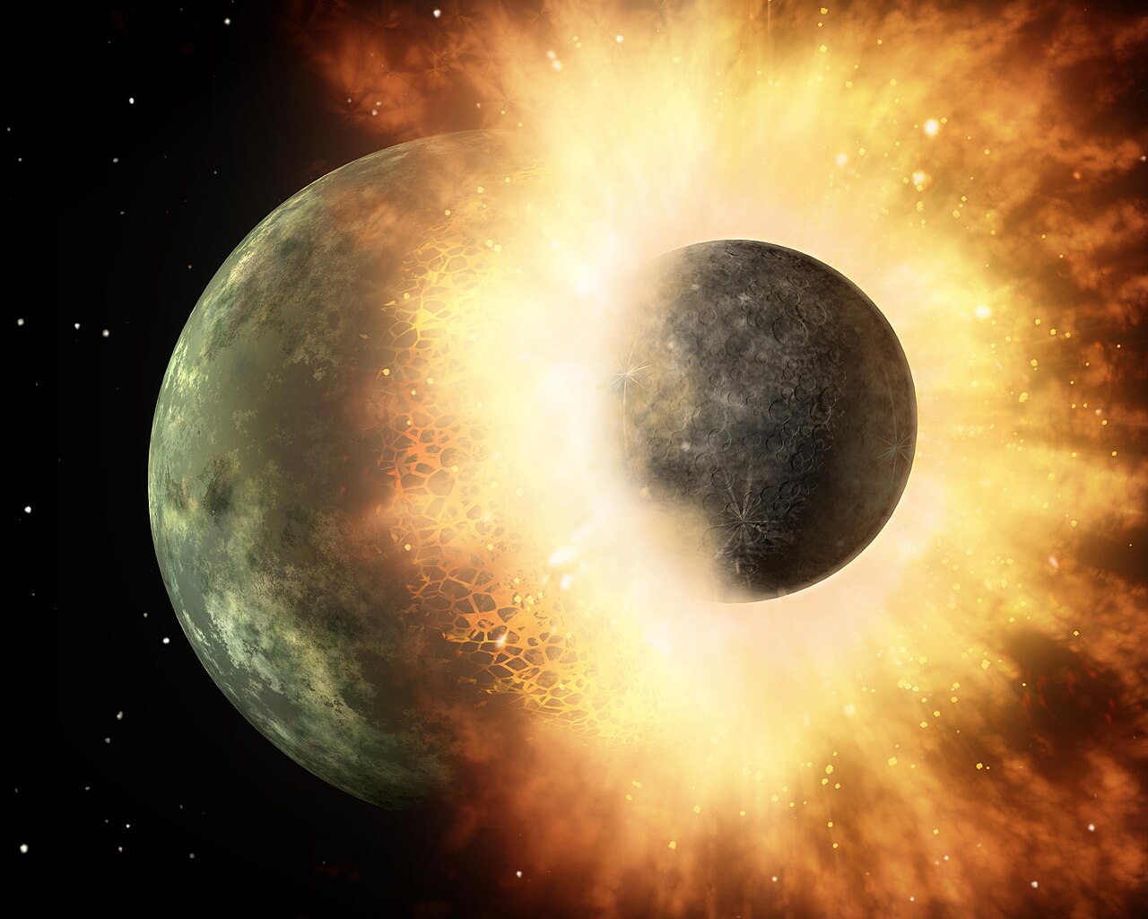 Artist's concept shows a celestial body about the size of our moon slamming at great speed into a body the size of Mercury
