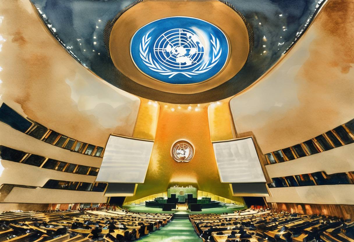 Watercolor painting based depiction of The United Nations General Assembly voted to establish its headquarters in New York City. (1946)