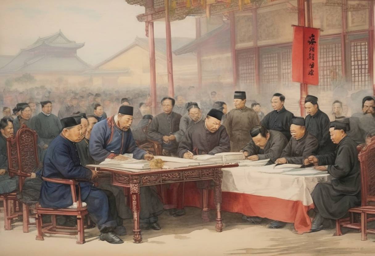 Watercolor painting based depiction of The Treaty of Tientsin, also known as the Treaty of Tianjin, is signed between France and China, ending the Sino-French War. (1885)