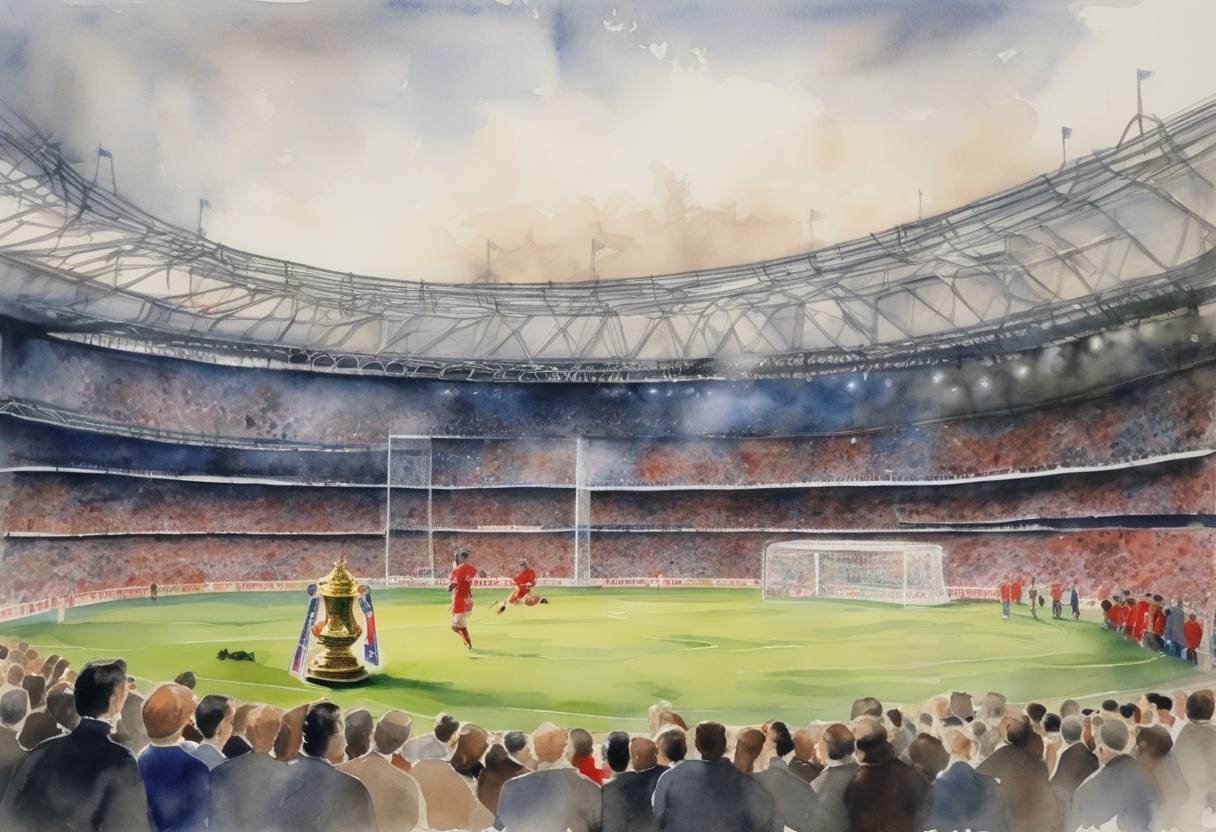 Watercolor painting based depiction of The last All-English FA Cup final took place before the break due to war, with Manchester United defeating Chelsea 4-0. (1994)