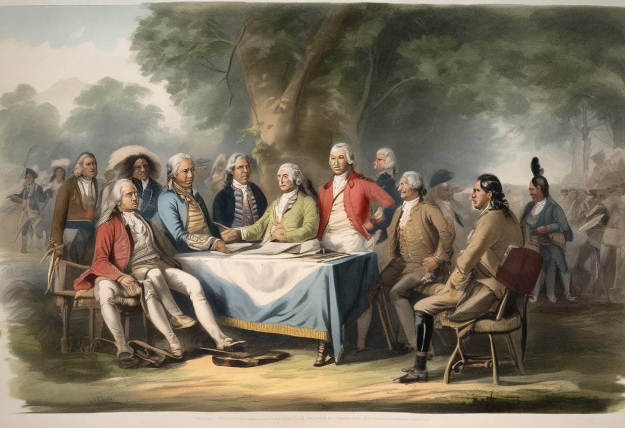 Watercolor painting based depiction of The Treaty of Greenville was signed, ending the Northwest Indian War in the Ohio Country. (1795)