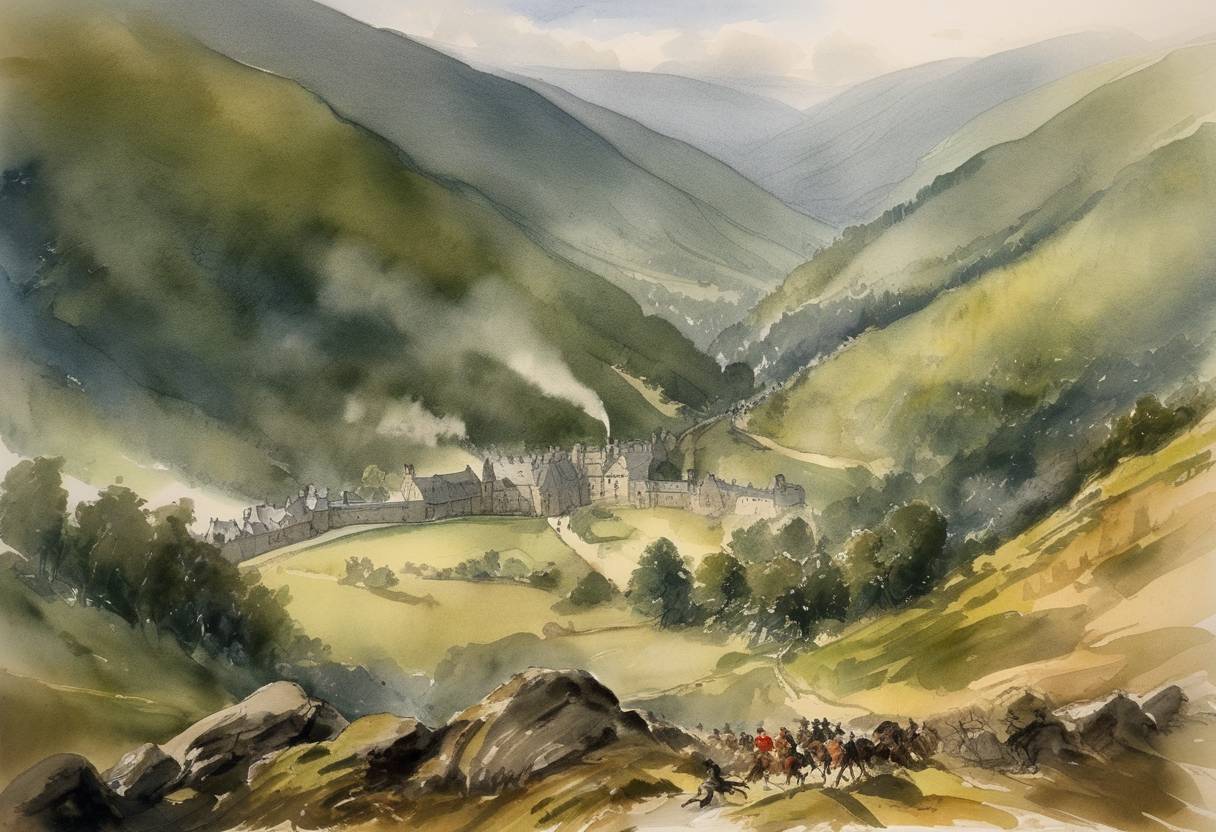 Watercolor painting based depiction of The decisive Battle of Killiecrankie was fought during the Jacobite rising in Scotland. It resulted in a victory for the Jacobites led by John Graham, Viscount Dundee, despite his death in the battle. (1689)