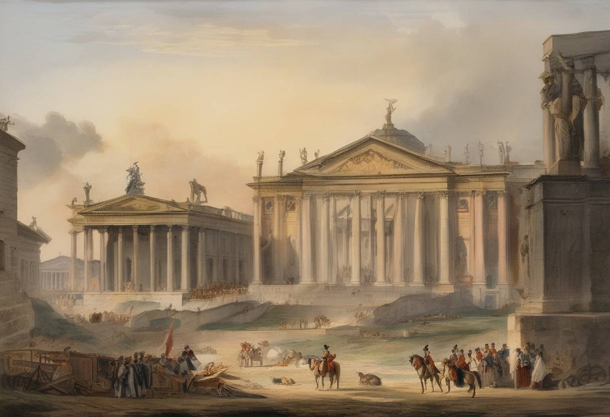 Watercolor painting based depiction of Louis-Alexandre Berthier, a prominent military leader, and later Marshal of France, captured Rome and declared the Roman Republic, which replaced the Papal States and marked a significant moment in the French Revolutionary Wars. (1798)