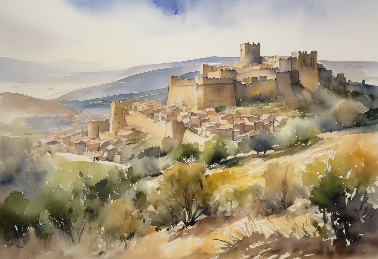 Watercolor painting based depiction of The Siege of Salvatierra ended with the fall of the fortress of Salvatierra to the Moors, marking a moment of temporary setback for the Christian Kingdoms during the Reconquista. (1243)