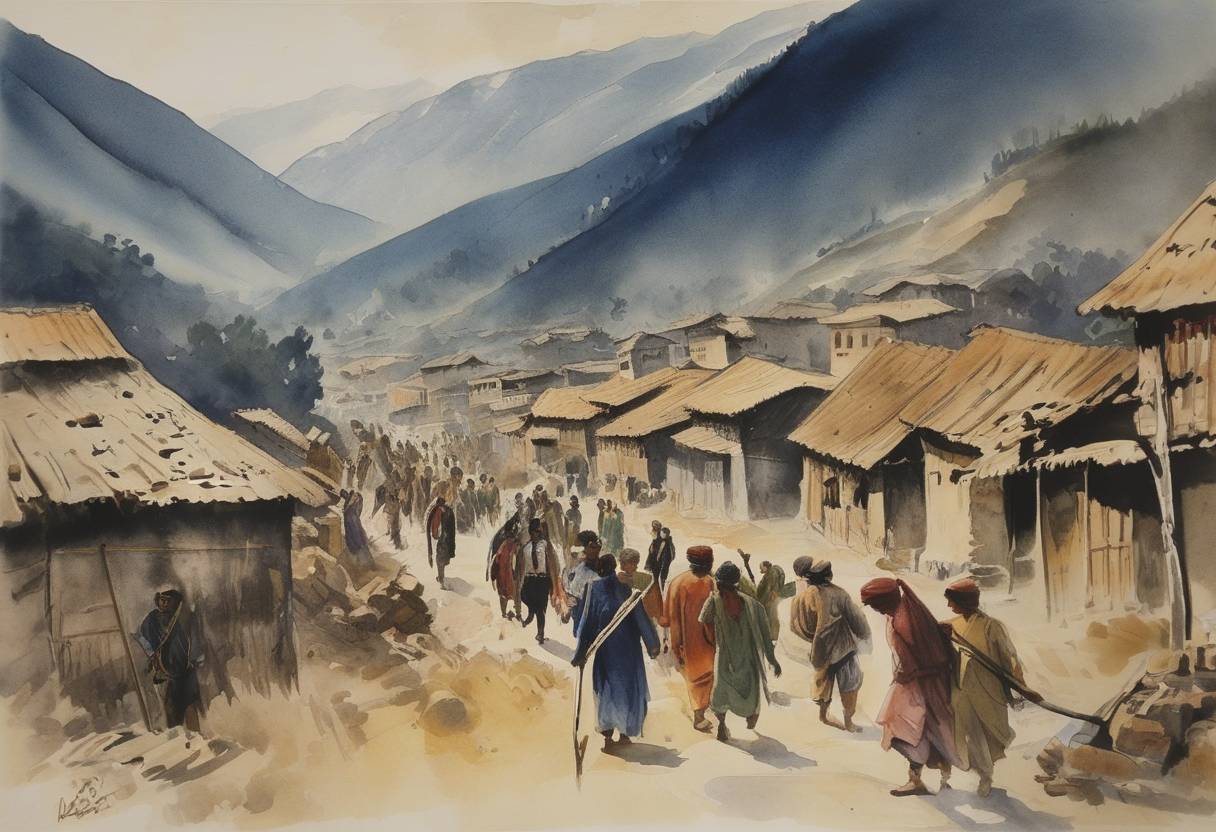 Watercolor painting based depiction of Kashmir conflict: A tribal invasion by Pakistani-Afghani forces commenced in Jammu and Kashmir, leading to the Indo-Pakistani War of 1947-48. (1947)