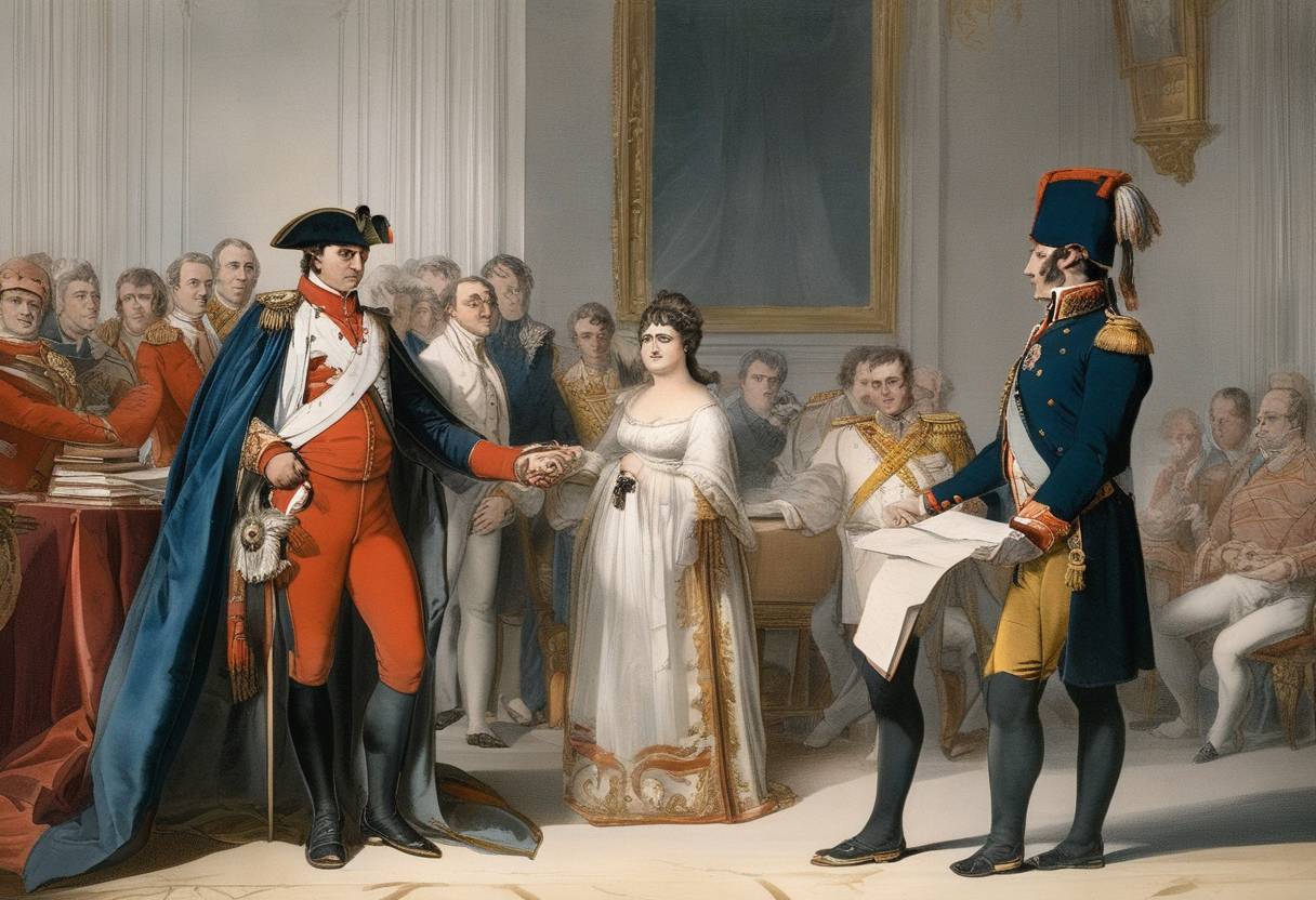 Watercolor painting based depiction of Napoleon Bonaparte is proclaimed 'First Consul for Life' after the results of a plebiscite ratifying a new constitution that consolidates his power. (1802)