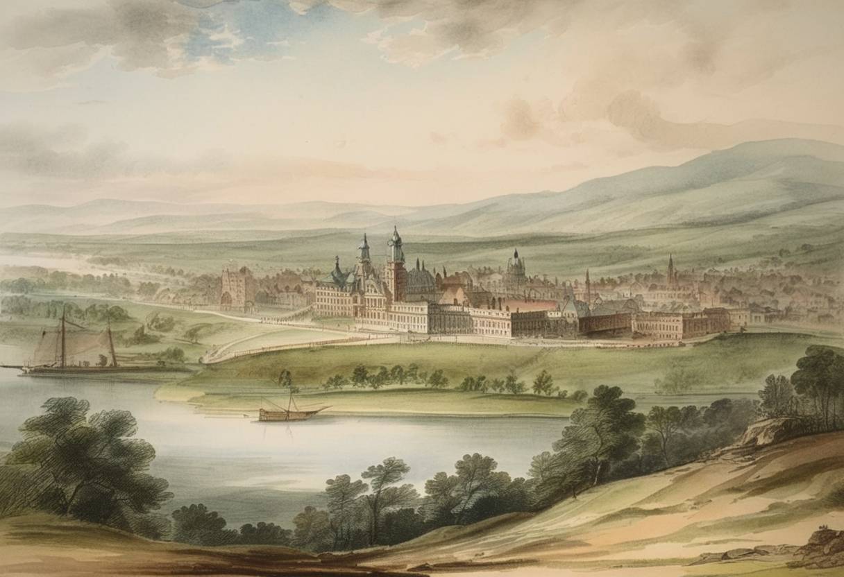 Watercolor painting based depiction of Albany became the capital of New York State, moving from Kingston. (1797)