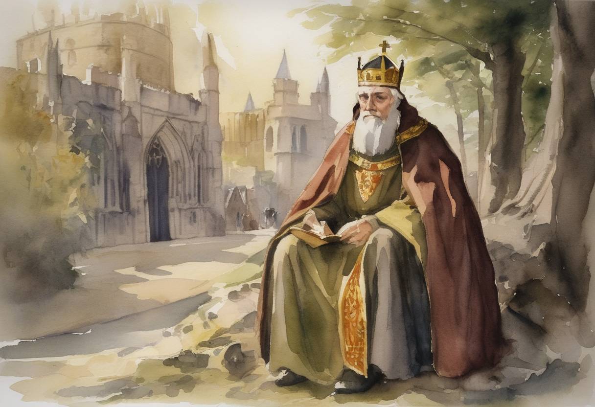 Watercolor painting based depiction of Wulfstan, Archbishop of York, dies. Wulfstan was a major religious and political figure in early 11th-century England known for his sermons and writing which promoted social and ecclesiastical reforms. (1020)
