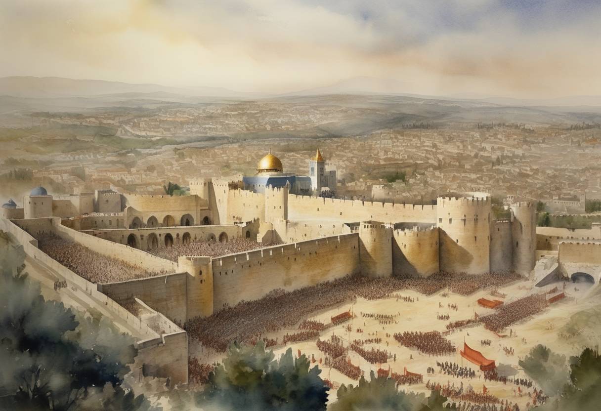 Watercolor painting based depiction of During the First Crusade, the Christian armies began the Siege of Jerusalem, a pivotal moment in the Crusades where the crusaders attempted to capture the holy city from Muslim control. (1099)