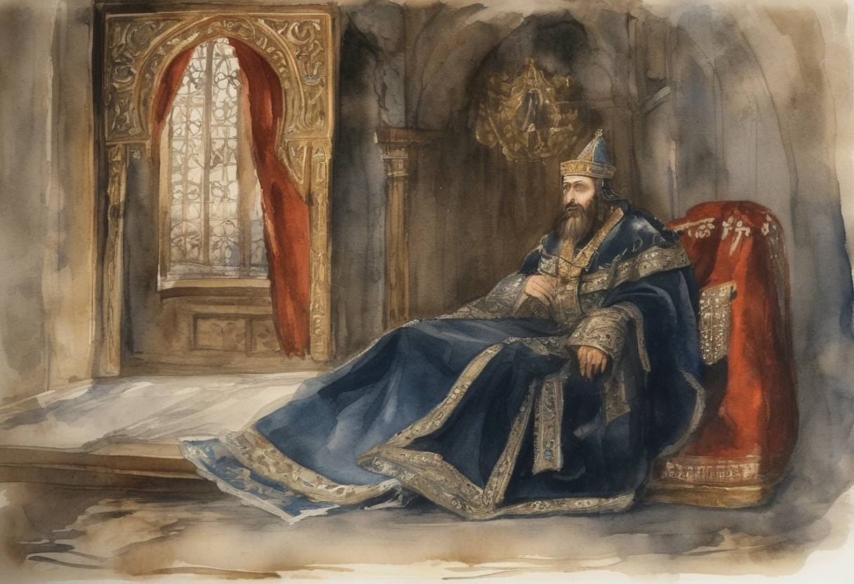 Watercolor painting based depiction of Ivan IV Vasilyevich, commonly known as Ivan the Terrible, Tsar of Russia, dies, reputedly from a stroke, bringing an end to his reign characterized by centralization and power struggles. (1584)