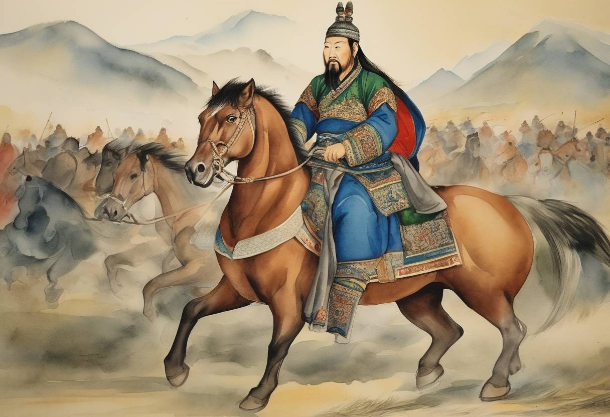 Watercolor painting based depiction of Khubilai Khan, also known as Kublai Khan, the fifth Khagan of the Mongol Empire and founder of the Yuan dynasty in China, was born. (1165)
