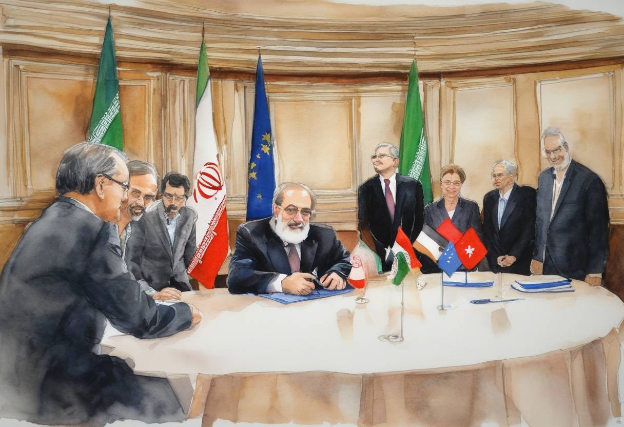 Watercolor painting based depiction of Iran agrees to nuclear deal terms with the P5+1 in Geneva, marking a significant breakthrough in ongoing negotiations to limit its nuclear capabilities in exchange for relief from economic sanctions. (2013)