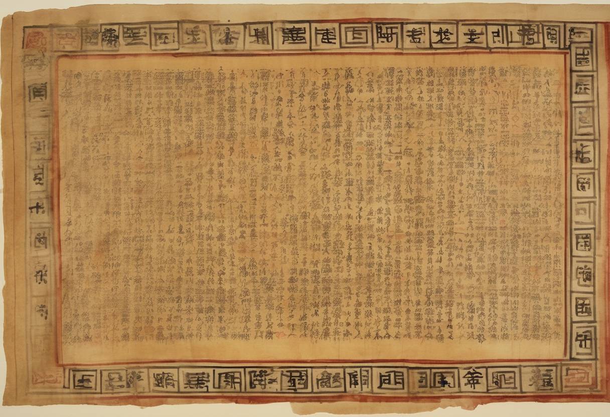 Watercolor painting based depiction of The earliest reliably dated Chinese Buddhist written document is composed during the Tang dynasty, a translation by monk Xuanzang. (657)
