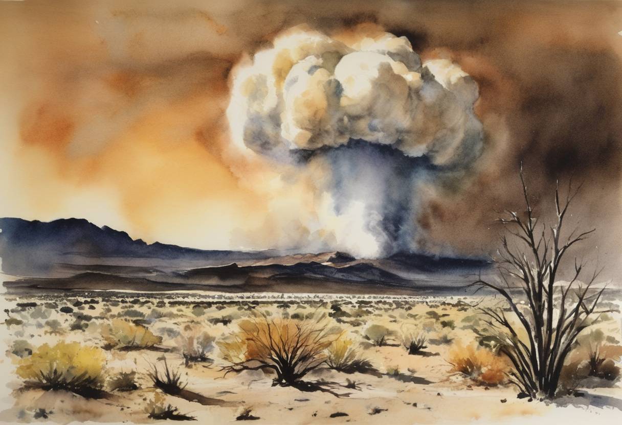 Watercolor painting based depiction of The first nuclear detonation at the Nevada Test Site took place as Operation Ranger  (1951)