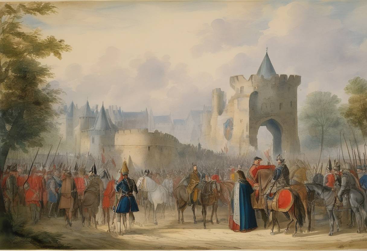Watercolor painting based depiction of The Truce of Leulinghem was signed, extending a period of peace between the Kingdoms of England and France during the Hundred Years' War. (1395)