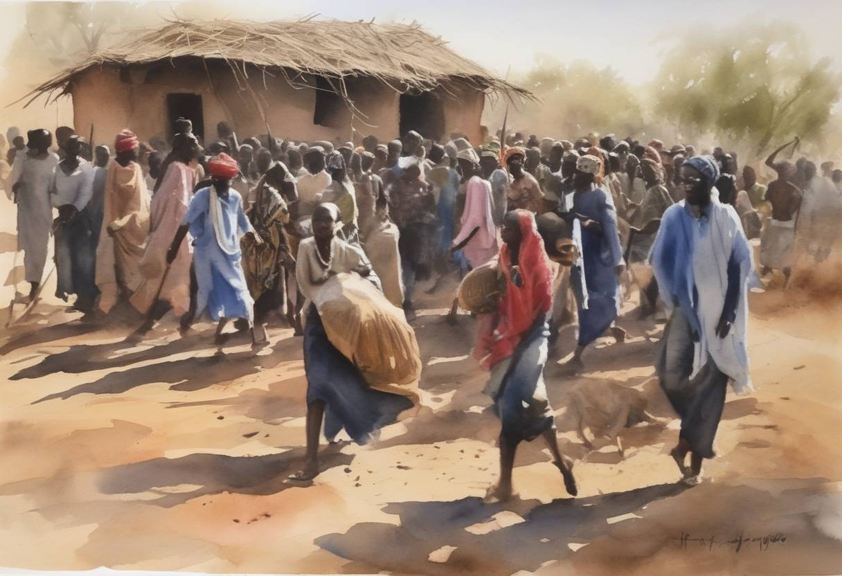 Watercolor painting based depiction of At least forty people were killed in an attack in Fulani village, Ogossagou, in central Mali, marking a significant event in the ongoing ethnic violence between the Dogon hunters and Fulani herders. (2019)