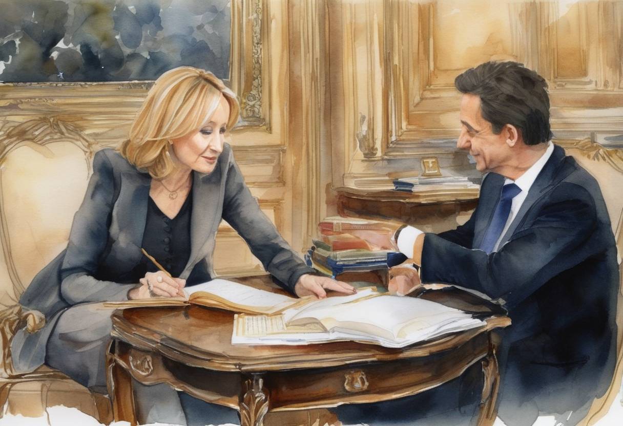 Watercolor painting based depiction of J. K. Rowling is awarded the Légion d'honneur by French President Nicolas Sarkozy, recognizing her contributions to literature through the Harry Potter series. (2009)