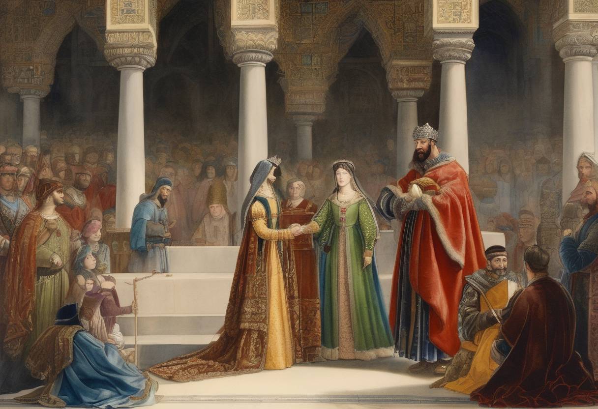Watercolor painting based depiction of King Ferdinand and Queen Isabella of Spain issued the Alhambra Decree, ordering the expulsion of practicing Jews from the Kingdoms of Castile and Aragon and its territories by July 31, 1492. (1492)