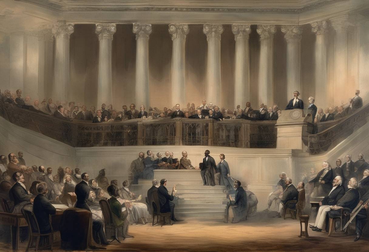 Watercolor painting based depiction of The United States Congress passes the District of Columbia Compensated Emancipation Act, ending slavery in Washington D.C. (1862)