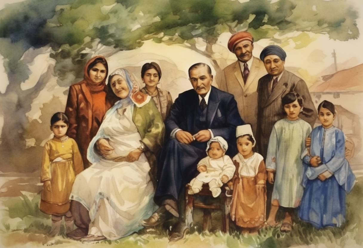 Watercolor painting based depiction of The Law on Family Names goes into effect in Turkey, introducing family names for everyone as part of Atatürk's reforms. (1928)