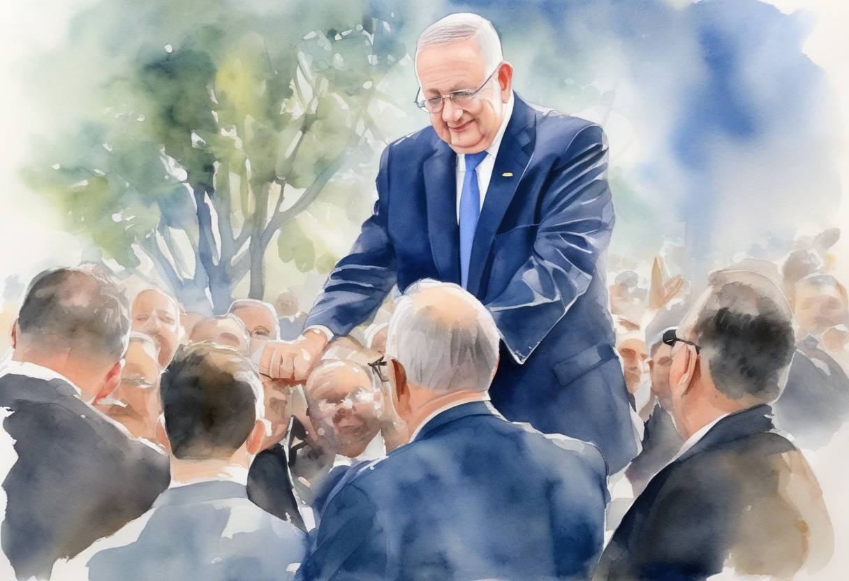 Watercolor painting based depiction of Israeli President Reuven Rivlin tasked allied Blue and White party leader Benny Gantz with forming a government, despite a political deadlock. (2020)