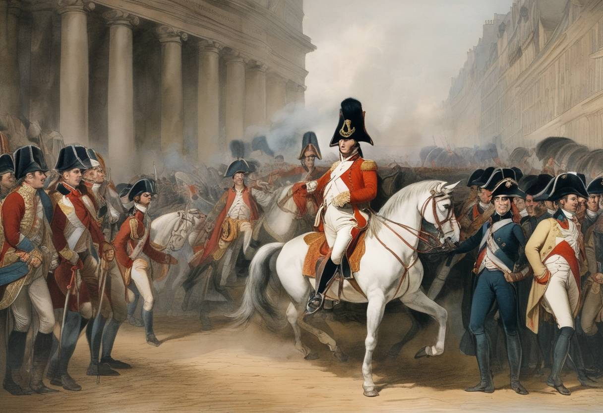Watercolor painting based depiction of Napoleon Bonaparte leads the Coup of 18 Brumaire which ultimately results in the overthrow of the French Directory and the establishment of the French Consulate. (1799)