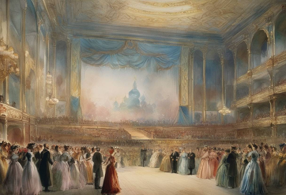 Watercolor painting based depiction of The first performance of Modest Mussorgsky's opera 'Khovanshchina' takes place in St. Petersburg. (1884)