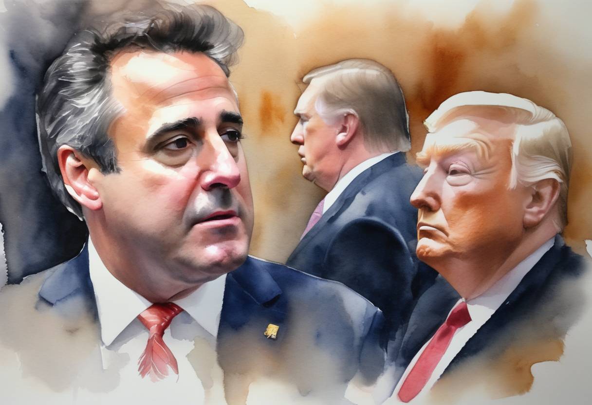 Watercolor painting based depiction of US President Donald Trump's former lawyer, Michael Cohen, pleaded guilty to eight criminal charges, including tax evasion, bank fraud, and campaign finance violations. The plea implicated President Trump in coordinating illegal payments during the 2016 presidential election. (2018)