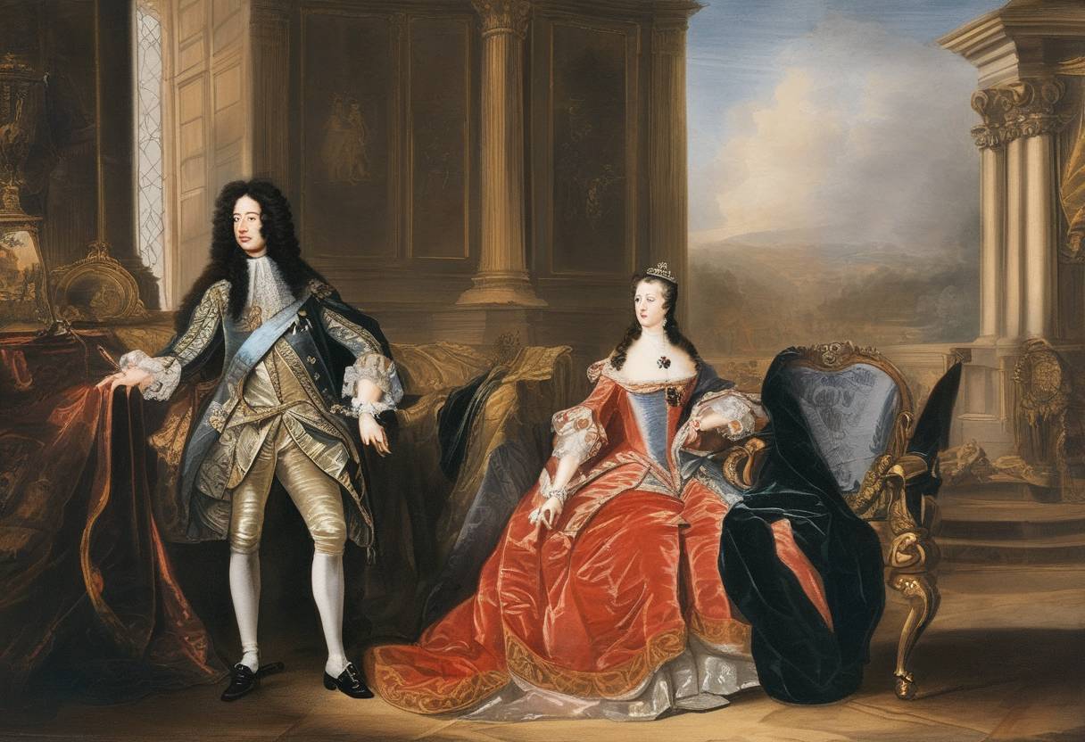Watercolor painting based depiction of William III and Mary II were formally declared King and Queen of England, Scotland, and Ireland; this event is part of the Glorious Revolution, which caused significant constitutional changes, limiting the powers of the monarchy and expanding those of Parliament. (1689)