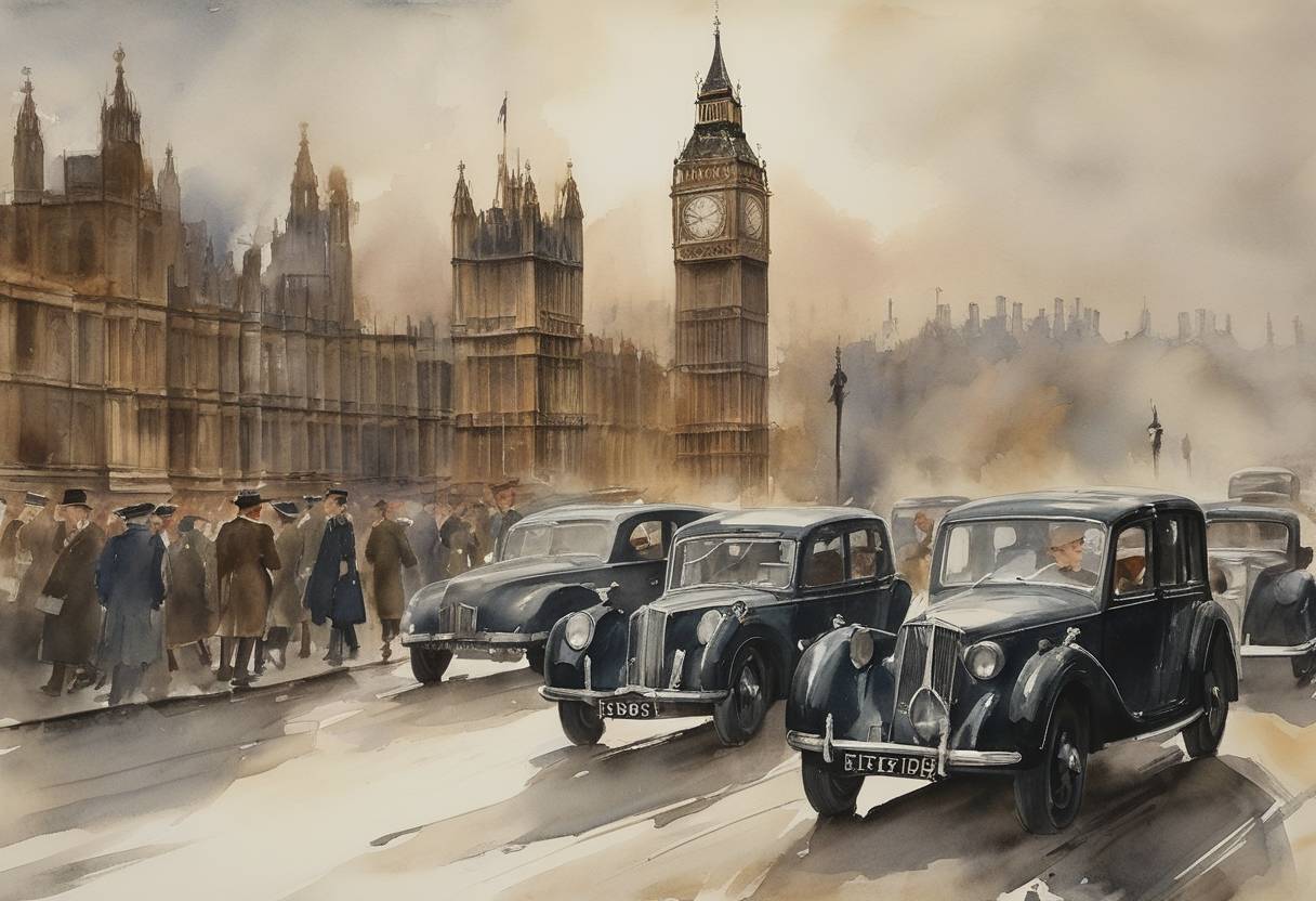 Watercolor painting based depiction of The United Kingdom held a general election, but due to the vote counting taking longer than usual, the result would not be announced until July 26. This election ultimately resulted in a landslide victory for the Labour Party under Clement Attlee. (1945)