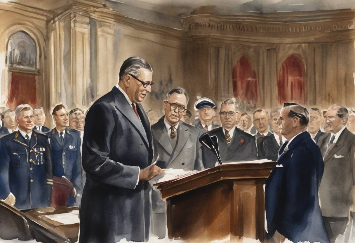 Watercolor painting based depiction of Louis Stephen St. Laurent is sworn in as the 12th Prime Minister of Canada. (1948)
