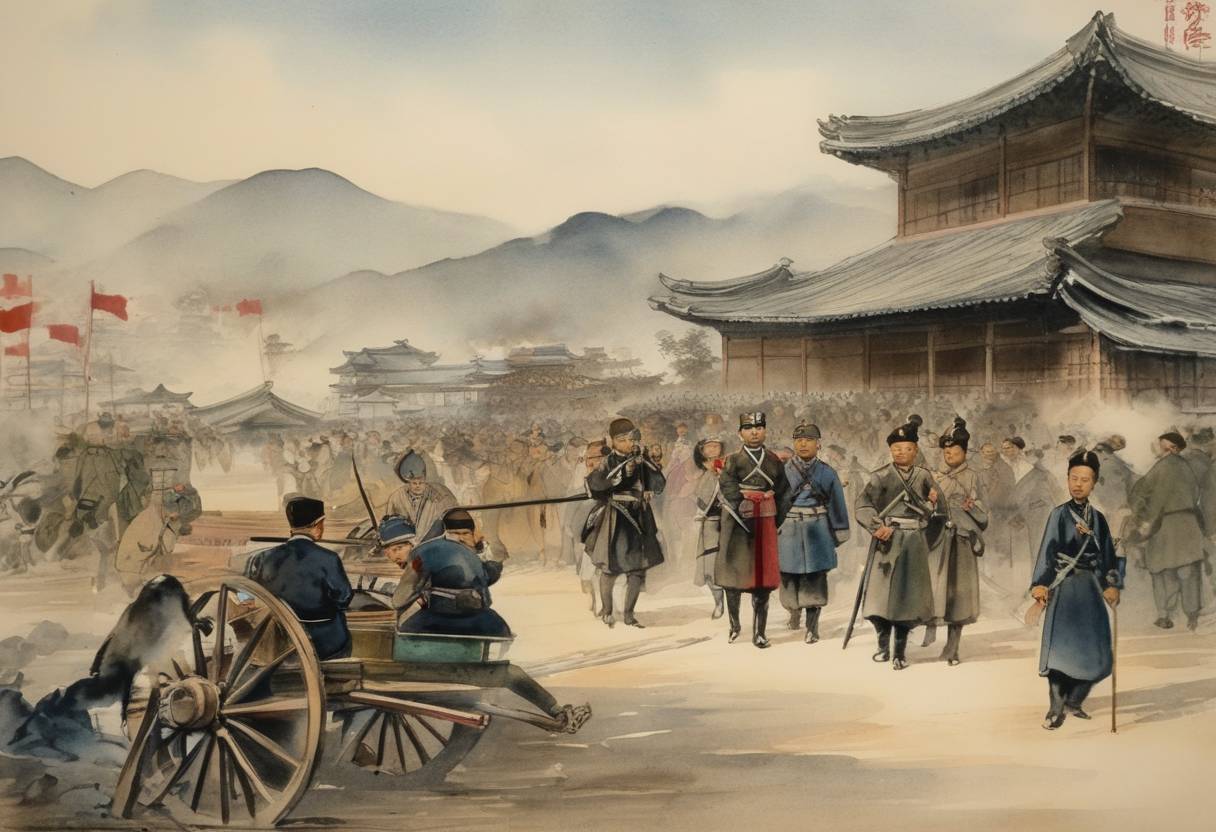 Watercolor painting based depiction of The First Sino-Japanese War officially ended as China and Japan signed a preliminary peace treaty in Komura, Japan, after Japanese forces captured Pyongyang and several cities in Manchuria. The official treaty, known as the Treaty of Shimonoseki, would be signed later in April 1895. (1894)