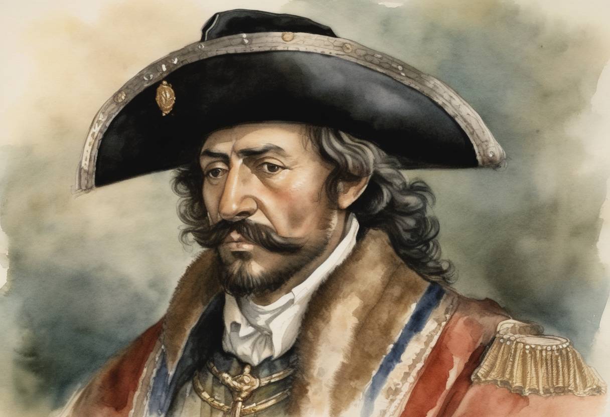 Watercolor painting based depiction of The Spanish conquistador Álvar Núñez Cabeza de Vaca, after being cast ashore in what is now Texas, embarked on an epic journey across the North American continent lasting several years. (1528)