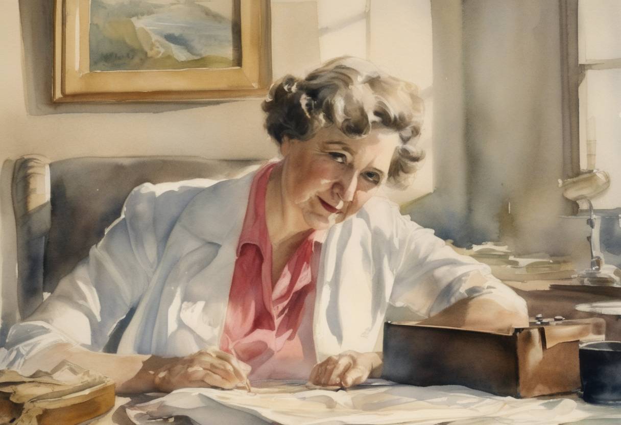 Watercolor painting based depiction of Nellie Tayloe Ross became the first female director of the United States Mint. (1933)