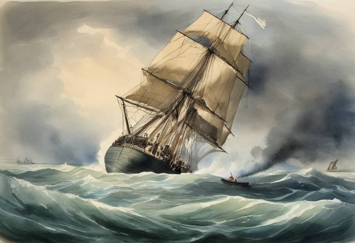 Watercolor painting based depiction of The American whaler Essex was attacked and sunk by a sperm whale in the South Pacific, an event which inspired Herman Melville's novel 'Moby-Dick'. (1820)