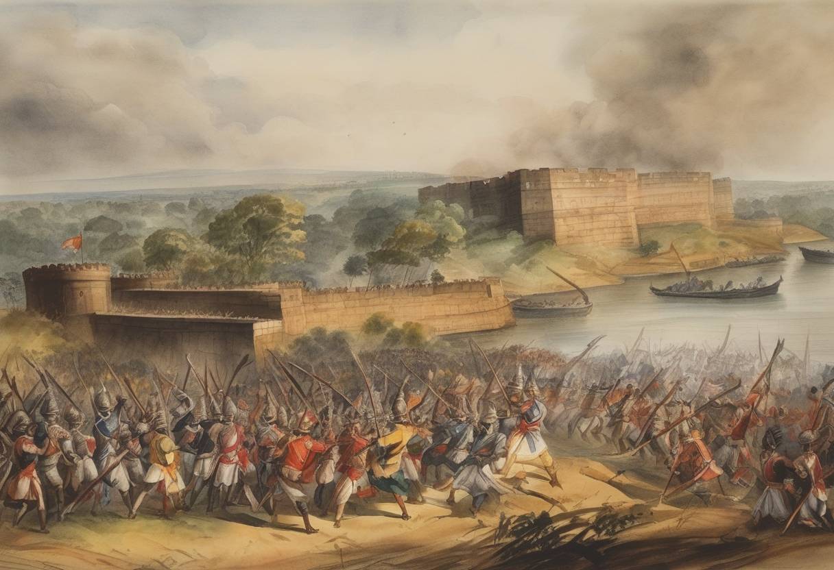 Watercolor painting based depiction of The Battle of Vasai occurs during the First Anglo-Maratha War, where Maratha forces under Chimaji Appa capture the Portuguese fort of Vasai. (1739)